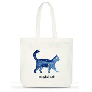 "Celestial Cat" Cotton Tote Bag for Women | Mystical Laptop Tote with Pockets