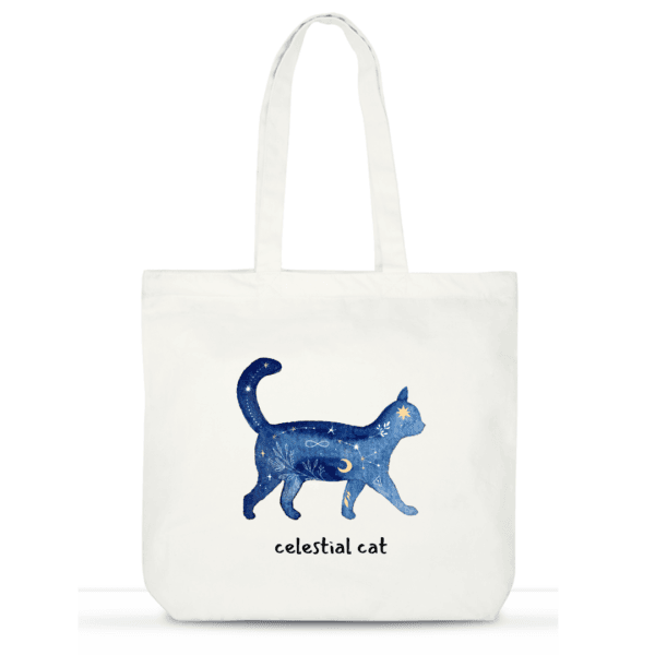 "Celestial Cat" Cotton Tote Bag for Women | Mystical Laptop Tote with Pockets