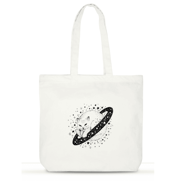 "Cosmic Cat" Cotton Tote Bag for Women | Space-Themed Laptop Tote with Pockets