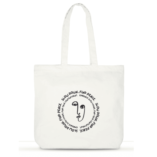 "Slow Down, Find Peace" Cotton Tote Bag for Women | Minimalist Laptop Tote with Pockets